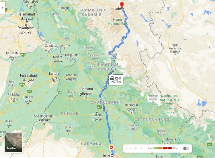 Delhi to Leh via Manali route map